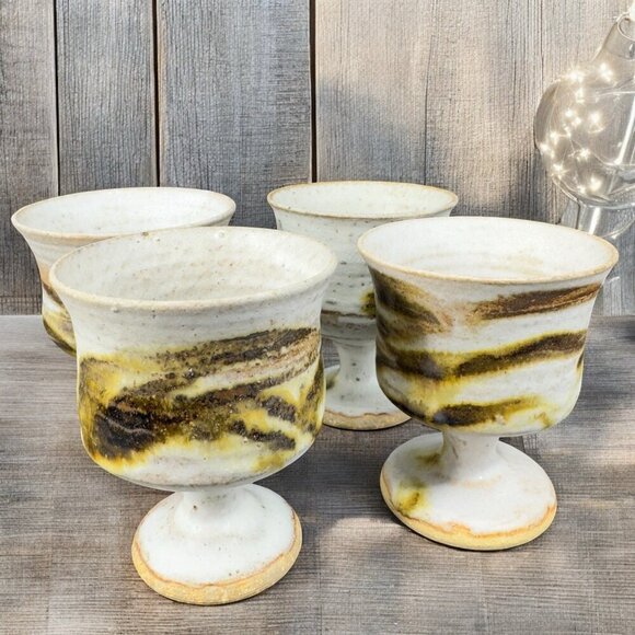 Vintage Hand Made Stoneware Pottery Footed Cups Goblets Set 4 Drip Glaze Cups - Picture 2 of 15
